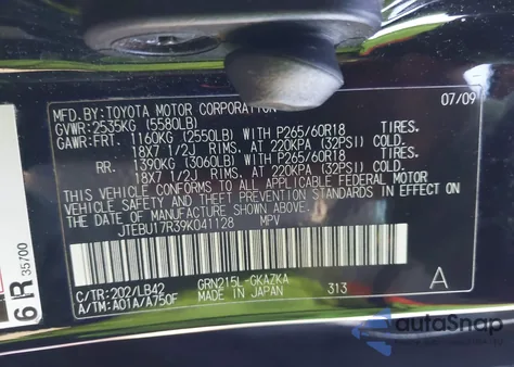 2009 Toyota 4Runner Limited V6 from USA, damaged, VIN JTEBU17R39K041128